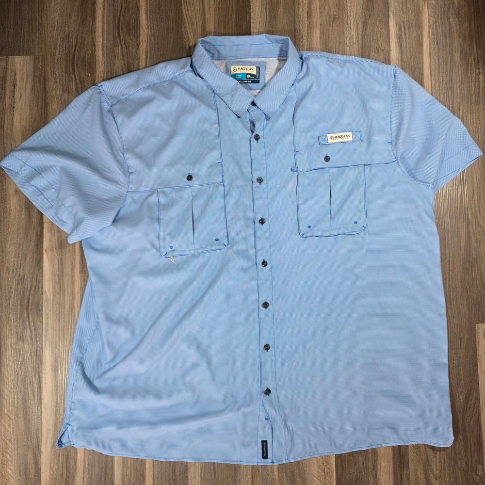 Magellan Outdoors Fish Gear Mens 4XL Blue Micro Check Short Sleeve Fishing Shirt